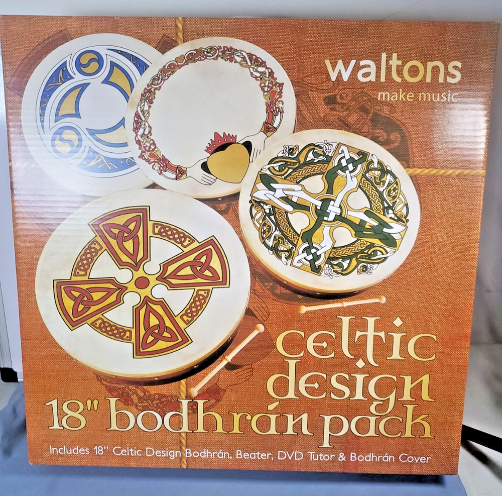 New Waltons 18" Celtic Design Bodhran Pack Irish Hand Drum Tipper Bag DVD /